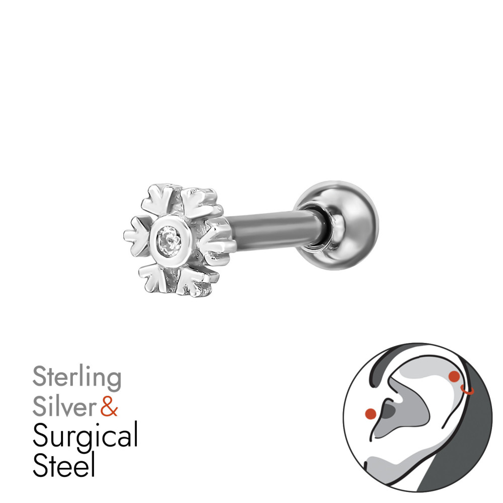 Virágos labret fül piercing, acél + ezüst