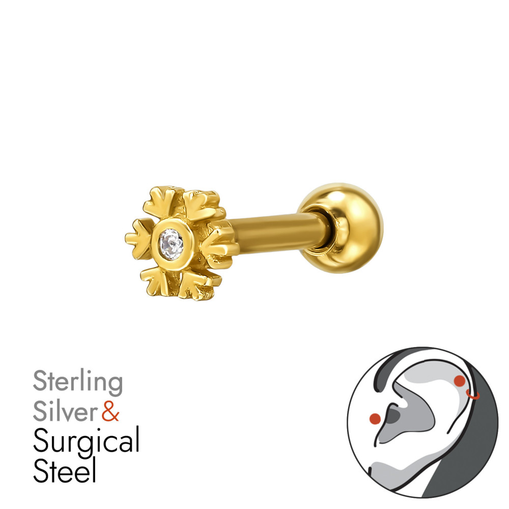 Virágos labret fül piercing, acél + ezüst + arany Virágos labret fül piercing, acél + ezüst + arany