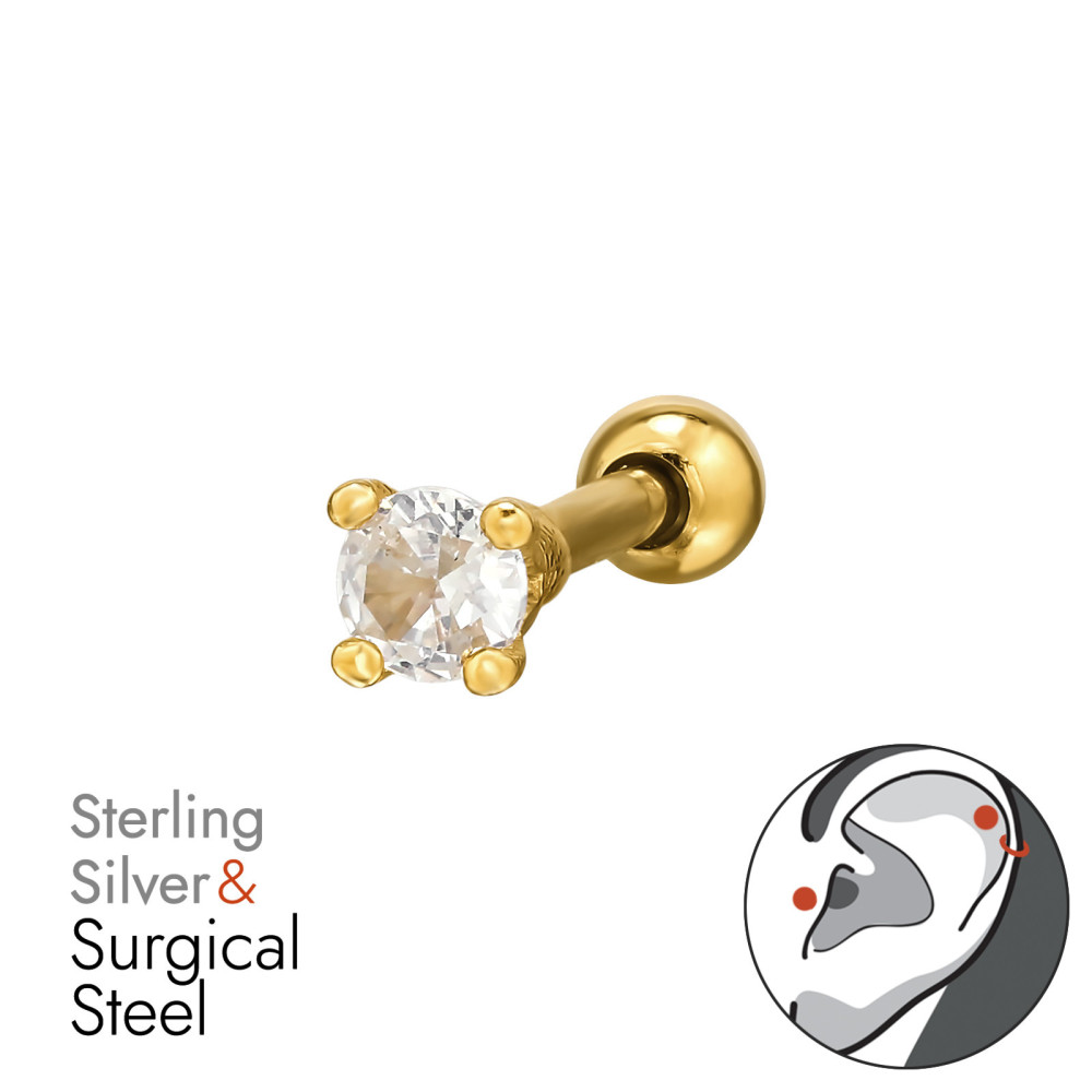 Cirkónia köves labret fül piercing, acél + ezüst + arany