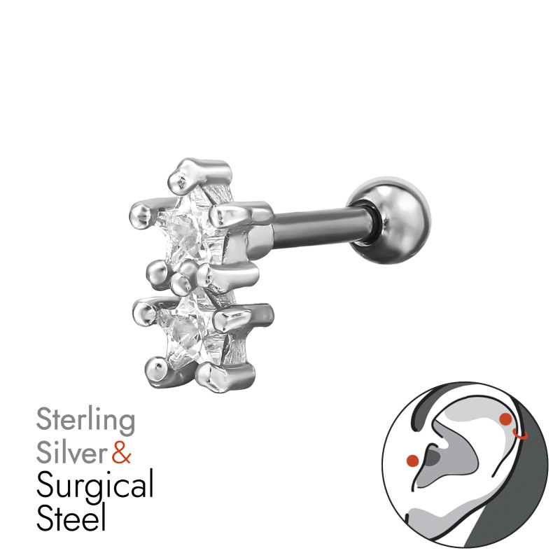 Csillagok labret fül piercing, acél + ezüst