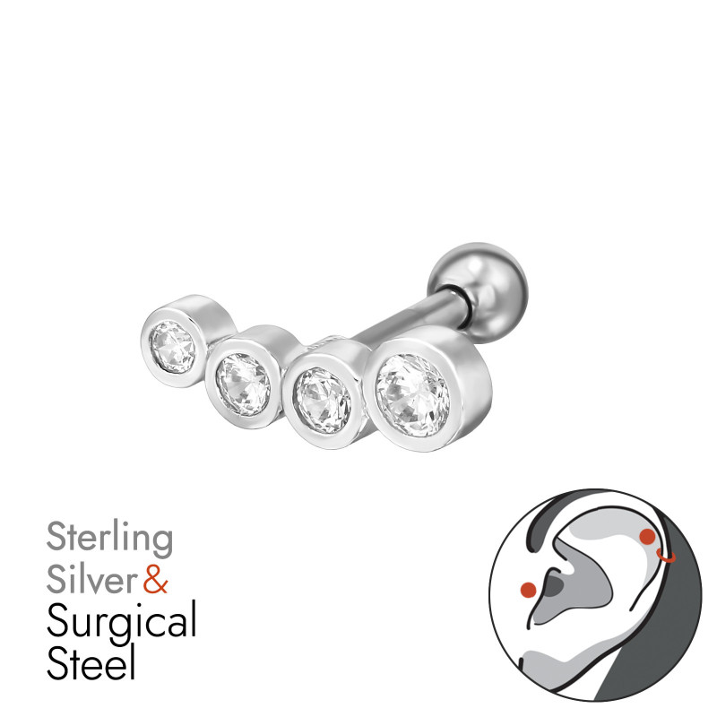 Négy köves labret fül piercing, acél + ezüst