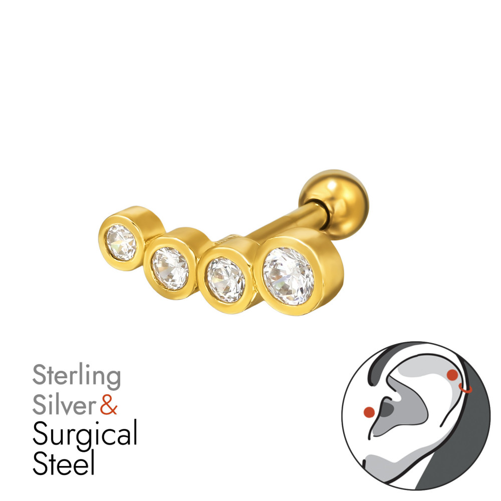 Négy köves labret fül piercing, acél + ezüst + arany