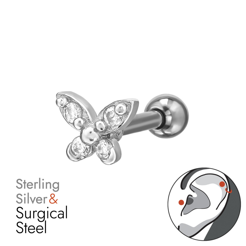Pillangó labret fül piercing, acél + ezüst