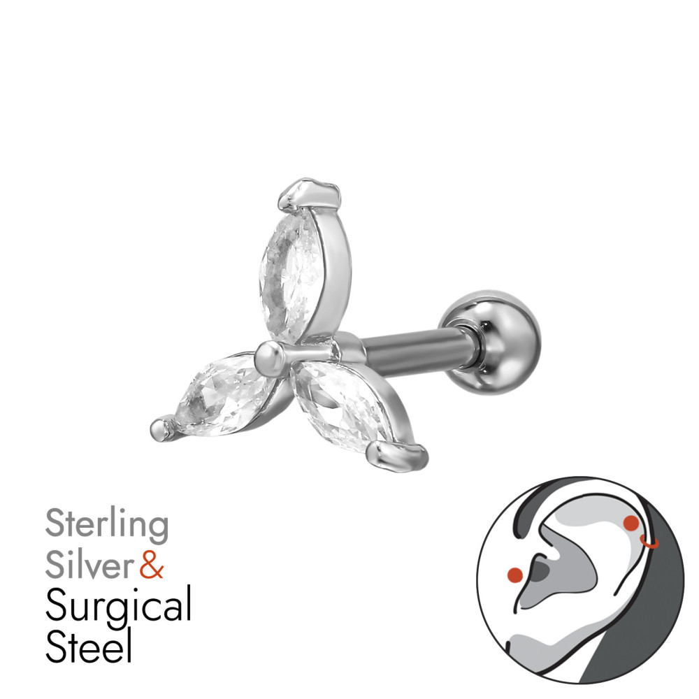Három szirmú Virág labret fül piercing, acél + ezüst