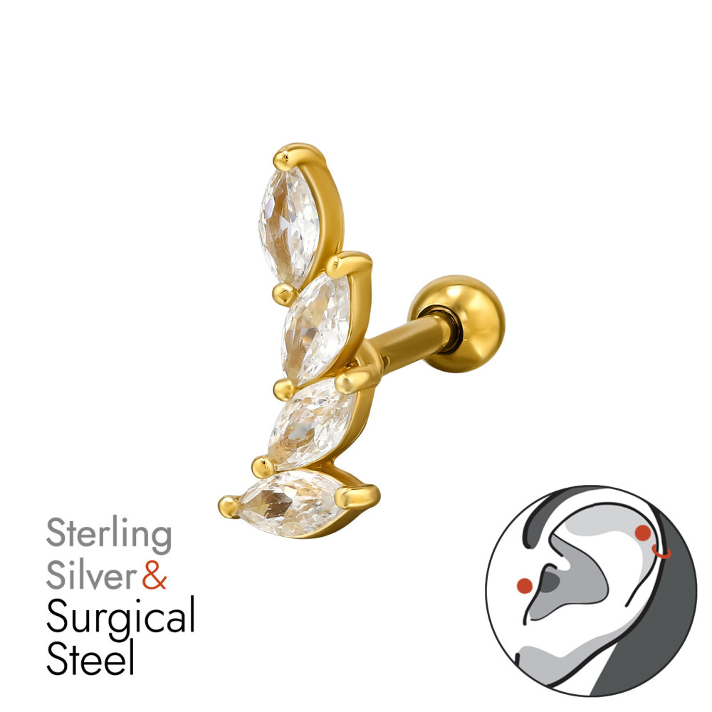 Levelek labret fül piercing, acél + ezüst + arany