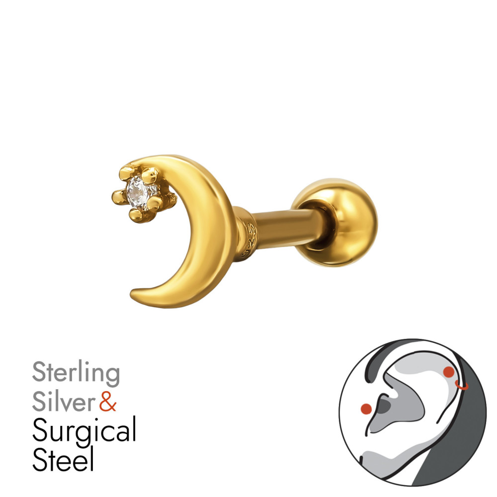 Hold labret fül piercing, acél + ezüst + arany Hold labret fül piercing, acél + ezüst + arany