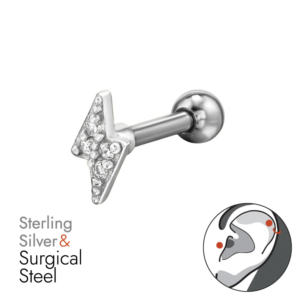 Villám labret fül piercing, acél + ezüst