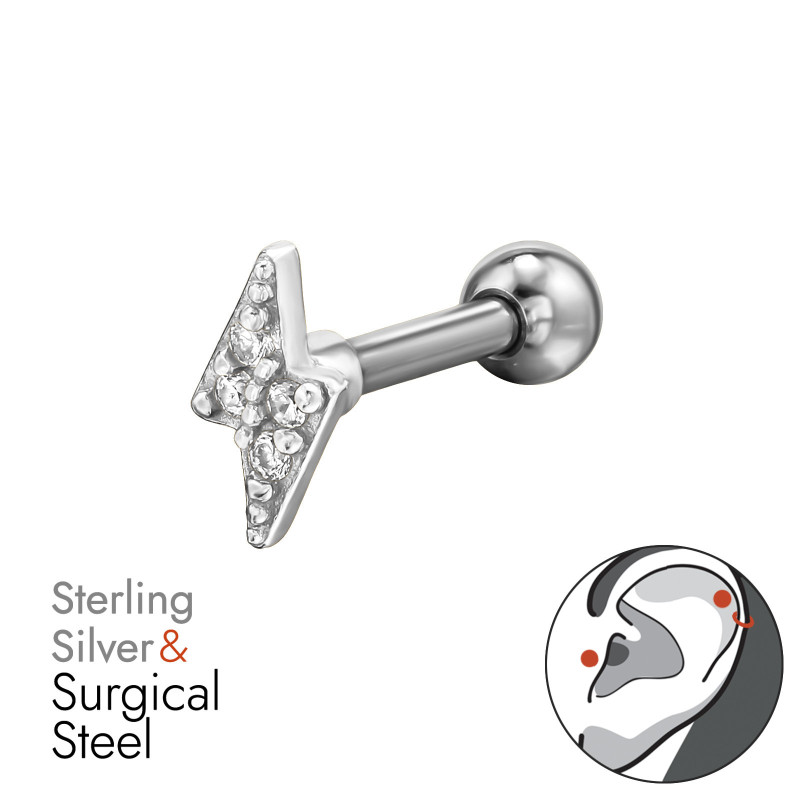 Villám labret fül piercing, acél + ezüst