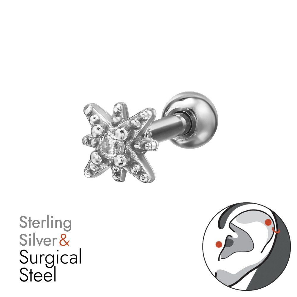 Csillag labret fül piercing, acél + ezüst