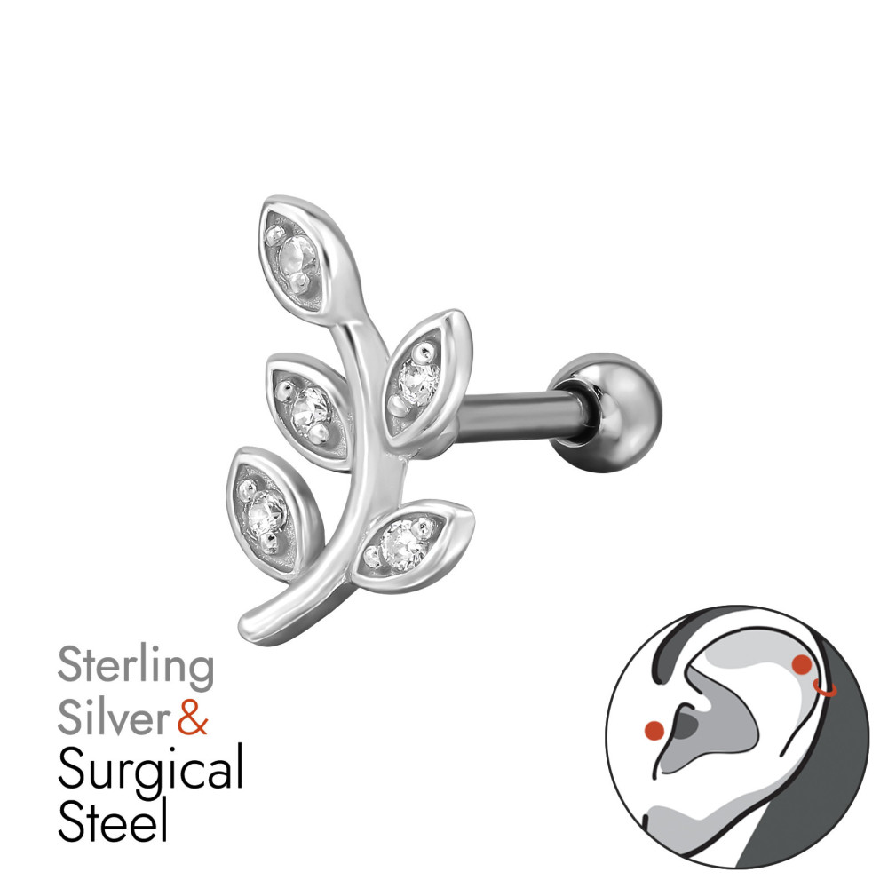 Levél labret fül piercing, acél + ezüst