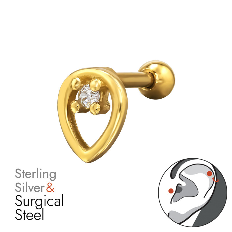 Csepp forma labret fül piercing, acél + ezüst + arany