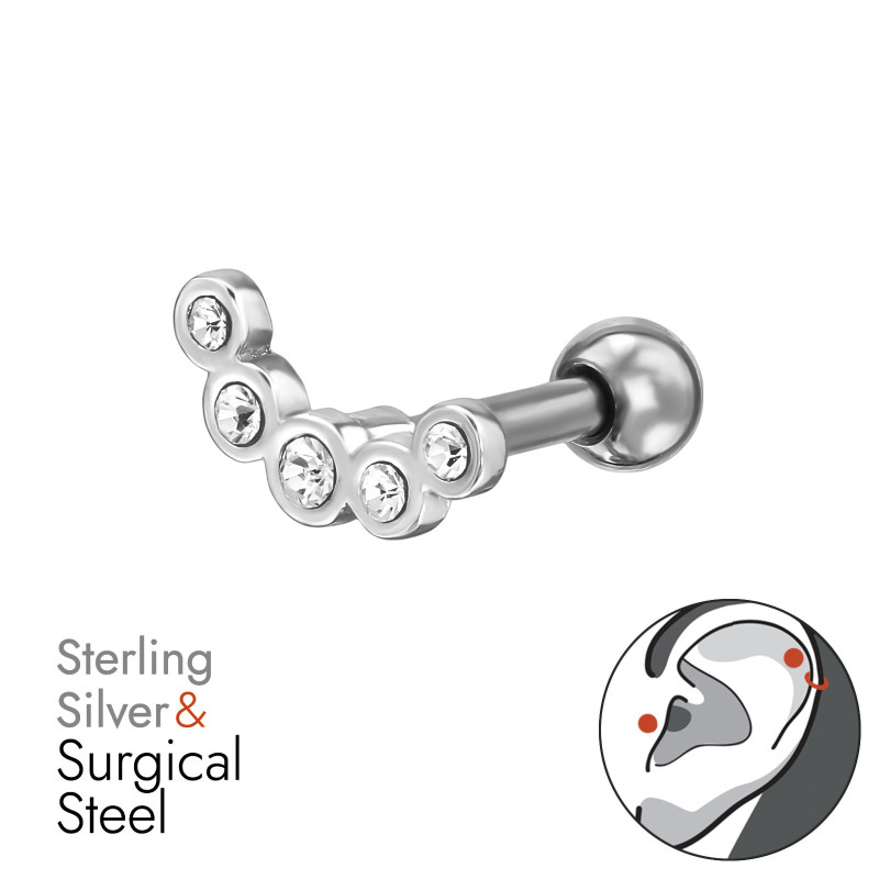 Öt köves labret fül piercing, acél + ezüst