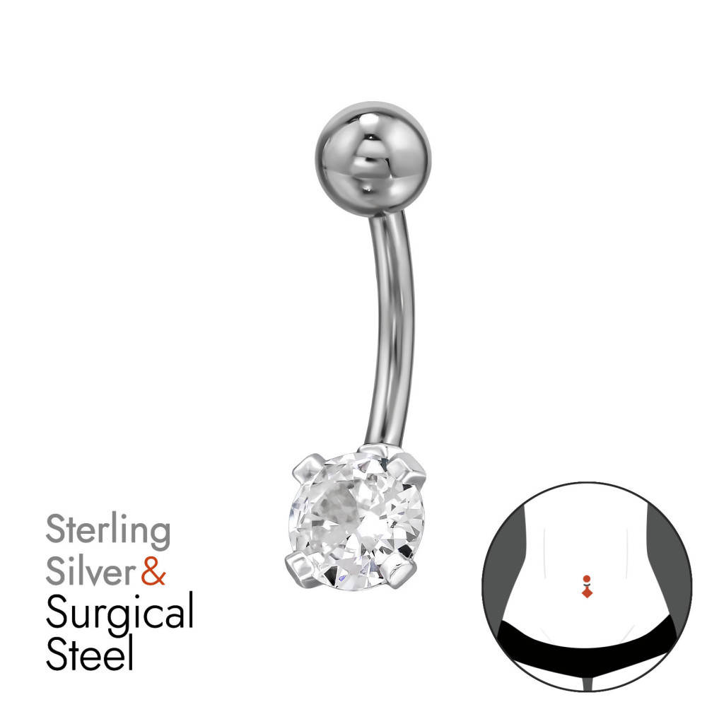 Egy köves köldök piercing, acél + ezüst