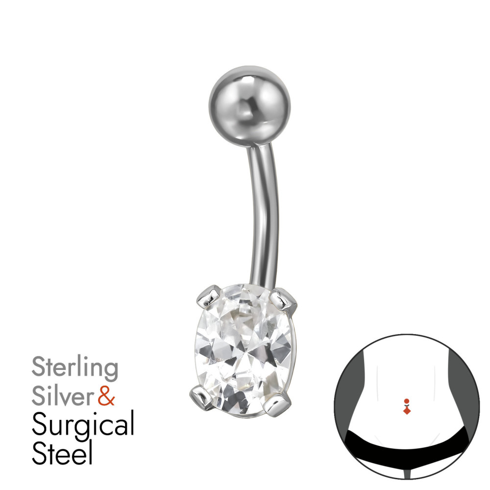 Ovális köves köldök piercing, acél + ezüst Ovális köves köldök piercing, acél + ezüst