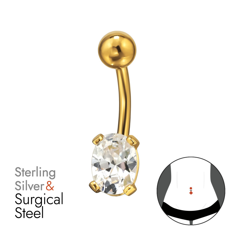 Ovális köves köldök piercing, acél + ezüst + arany