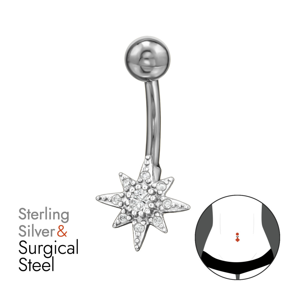 Sarkcsillag köldök piercing, acél + ezüst