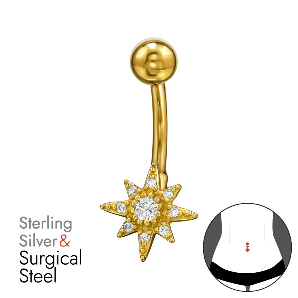 Sarkcsillag köldök piercing, acél + ezüst + arany