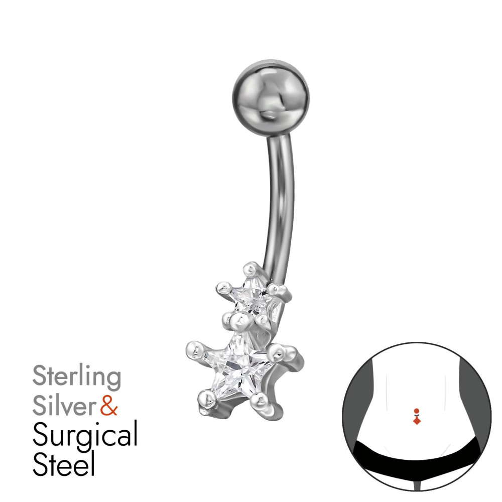 Csillagos köldök piercing, acél + ezüst
