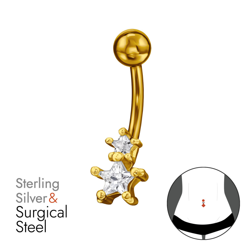Csillagos köldök piercing, acél + ezüst + arany