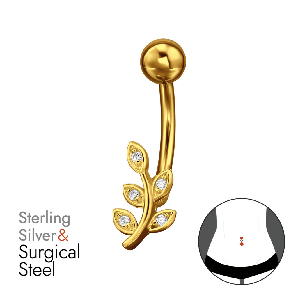 Levél köldök piercing, acél + ezüst + arany