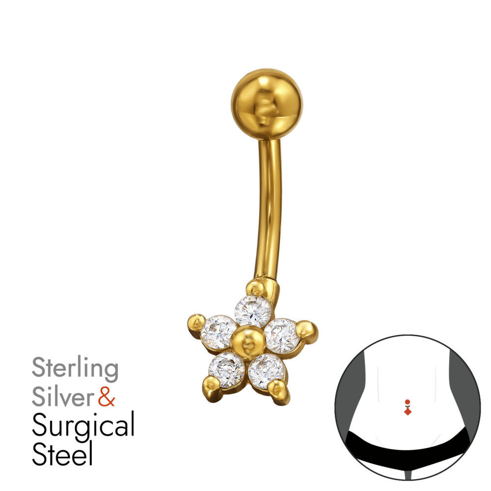 Virág köldök piercing, acél + ezüst + arany