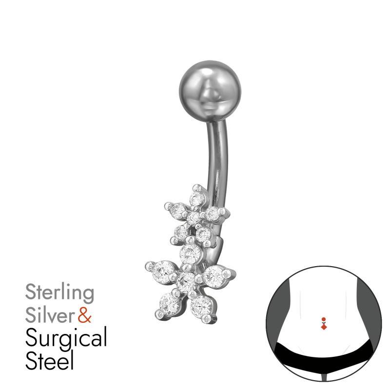 Virágos köldök piercing, acél + ezüst