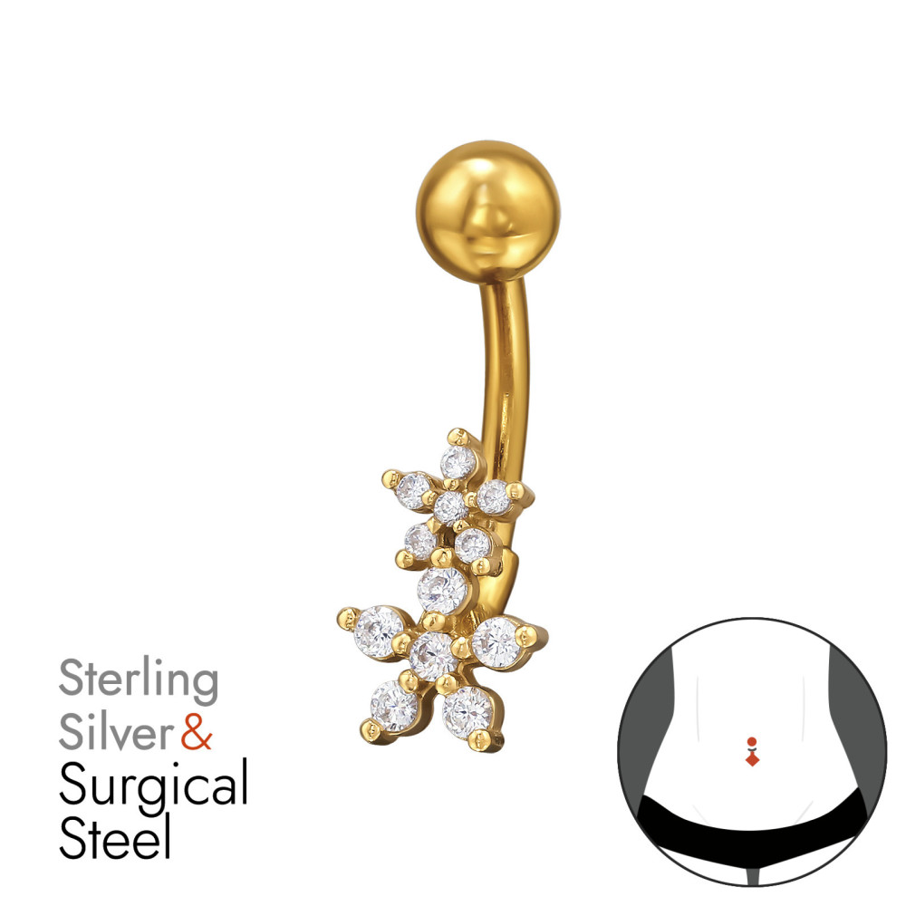 Virágos köldök piercing, acél + ezüst + arany