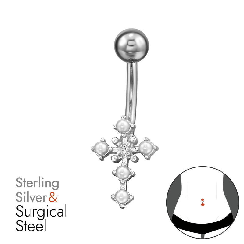 Kereszt köldök piercing, acél + ezüst